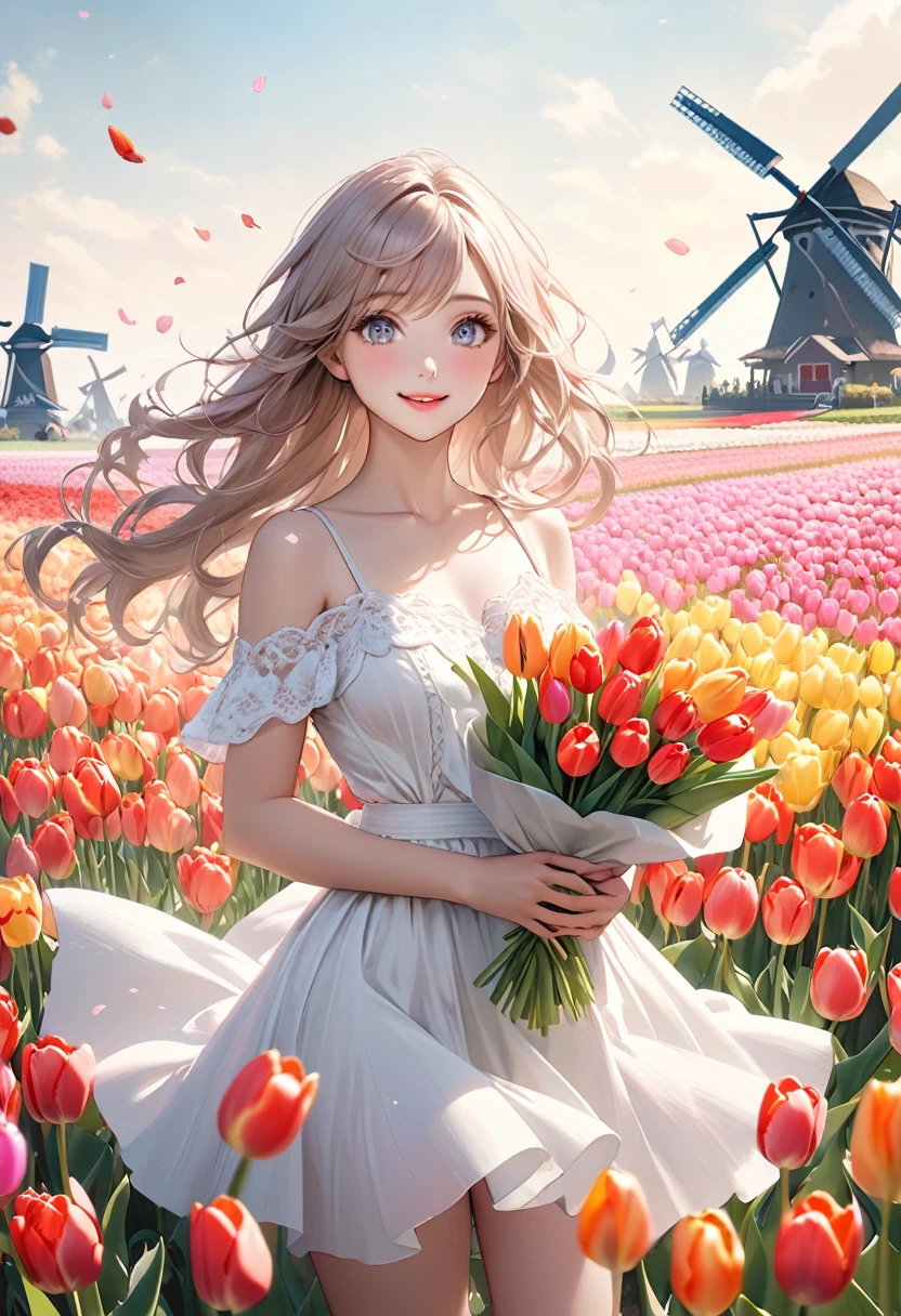 cute girl at colorful tulip fields, windmills, standing in a beautiful posing, Holding gently a bouquet of tulips:1.2, gently smile, flowing hair, beautiful delicate(hair,face,eyes,pupils,white dress,thigh,knee,tulips, windmills), sparkling eyes, shining lips, front view, view below, masterpiece:1.2,highest quality, highres, 16k, hyper-realistic, photo realistic:1.37, super detailed, pastel tone, Foreground: petals dancing in the wind at tulip fields