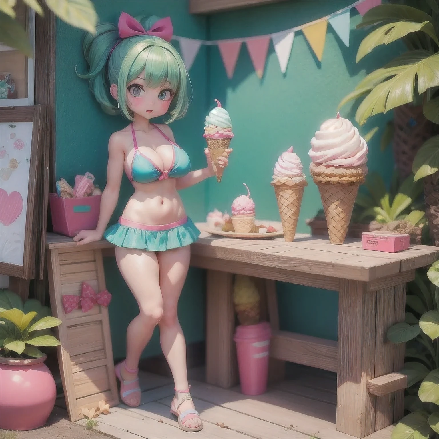 girl in a bikini eating an ice cream cone, eating ice cream, in a bikini, angela white, giorgia meloni, katy perry, in bikini, eating ice - cream, wearing spandex bikini, ice cream on the side, bikini, ice cream, wearing a bikini, candid photo of dirty, shiny plastic bikini, candid shot, cone, 1 girl, solo,in a green dress standing by a wall,portrait of female idol