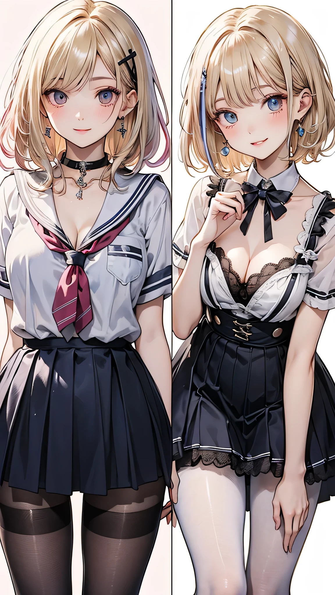 (masterpiece:1.5), (Medium breast), 1 girl, young woman, (beautiful girl:1.5), (Highly detailed and delicate anime faces and eyes:1.5), whole body, (Natural light, High resolution, Highly detailed CG:1.3), (Dynamic posture:1.3), {Perfect body anatomy}, (Beautifully detailed face), (Beautiful attention to detail),Single Focus, (Slender and beautiful girl), Beautiful Lips, Thick lips, {Surreal}, {Correct posture}, {Detailed clothing}, {Bright Eyes}, (Cleavage: 1.3), (Small Butt), {accessories}, {sexy}, {One person}, (school uniform: 1.5), High school student clothing, (Summer clothes: 1.5), blouse, Short skirt, (Short skirt: 1.3), (Thigh high pantyhose: 1.3), Black Pantyhose, blouse, Ribbon tie, Lace collar with tie, High heel boots, Earrings, necklace, hair band, Hair Clip, (A light smile: 1.3), Short Hair, (Two-tone hair: 1.5), (Blonde: 1.5), (Pink Hair: 1.3), (Green Hair: 1.2), (blue eyes: 1.3), 