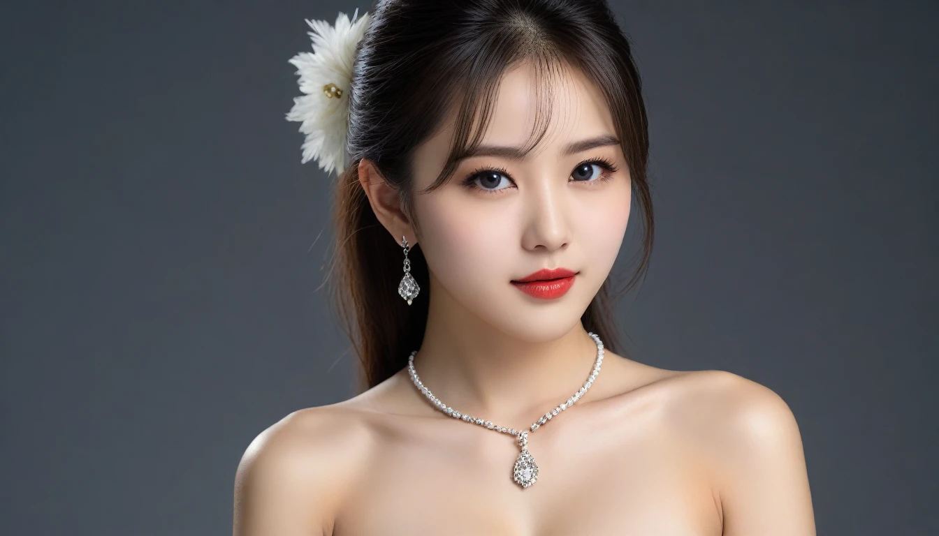 8k, Ultra-high resolution, Highest quality, masterpiece, 三分割法によるphotograph,Surreal, photograph, 1 Girl, (:1.3), pretty girl, Cute Face, 細部までBeautiful Eyes, 細かくdetailedに,masterpiece,One Girl:1.2,Japanese female announcer,extream close up,blank expression,Black Hair,Side undercut,Super Beautiful Girl 4,((1 girl:1.4)),Shine, Natural skin texture、(Stylish clothes:1.4)、(Sexy Costumes:1.4)、(Beautiful breastsを強調する衣装:1.4)、Attractive girl、16 years oldmale body:1.4)、(女の子のポートレートphotograph:1.4Photorealistic images:1.4),Fantasy art,(Beautiful Face:1.4)、Beautiful breasts,Beautiful and attractive eyes、Beautiful Eyes、(Tight waist:1.4)、(9 Beautiful girls with perfect body proportions:1.4),Red lips,(choker:1.4、necklace:1.4、Earrings:1.4),Looking at the audience,(((Ideal body type))),A-cup small breasts :2,、Portraiture:2、Perfect Anatomy、鮮明なdetailed、detailed,Fashion magazine cover,Thin lips,Gray background ,完璧でBeautiful Face ,完璧でCute Face, Skin with attention to detail, Perfect limbs、Narrow waist,Looking at the audience,(((Ideal body type))),A cup small breasts :2,Portraiture:2,Perfect Anatomy,鮮明なdetailed,detailed,Surreal,Light and shadow,spotlight