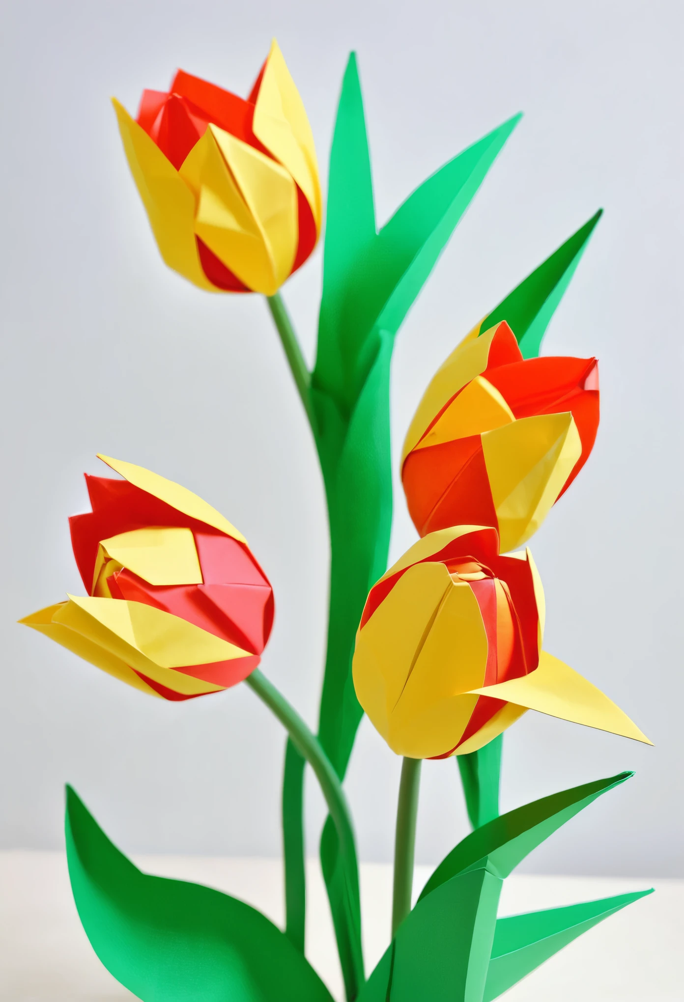 Tulip Origami Art, Delicate origami, Complex folds, coloured paper, フォトRealistic:1.2, Realistic, masterpiece:1.2.