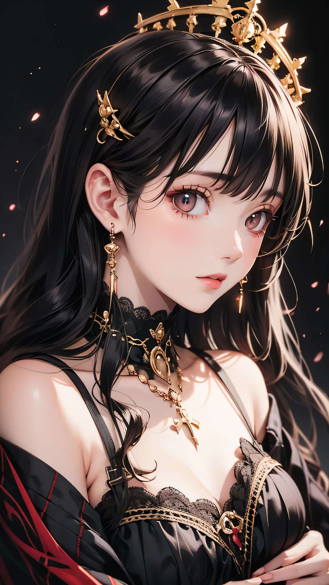 bloom, Lens Reflection, (8k, to be born, Professional, Highest quality, masterpiece: 1.2), (Realistic, photoRealistic: 1.37), Very detailed, (Wide-angle 25mm portrait), (Most detailed skin: 1.2), Very detailed顔, Cinema Lighting, One Girl, Black curly hair, (the wind is strong), Standing on the couch, Dark Light, Looking into the camera, Medium breast, black and red blouse  