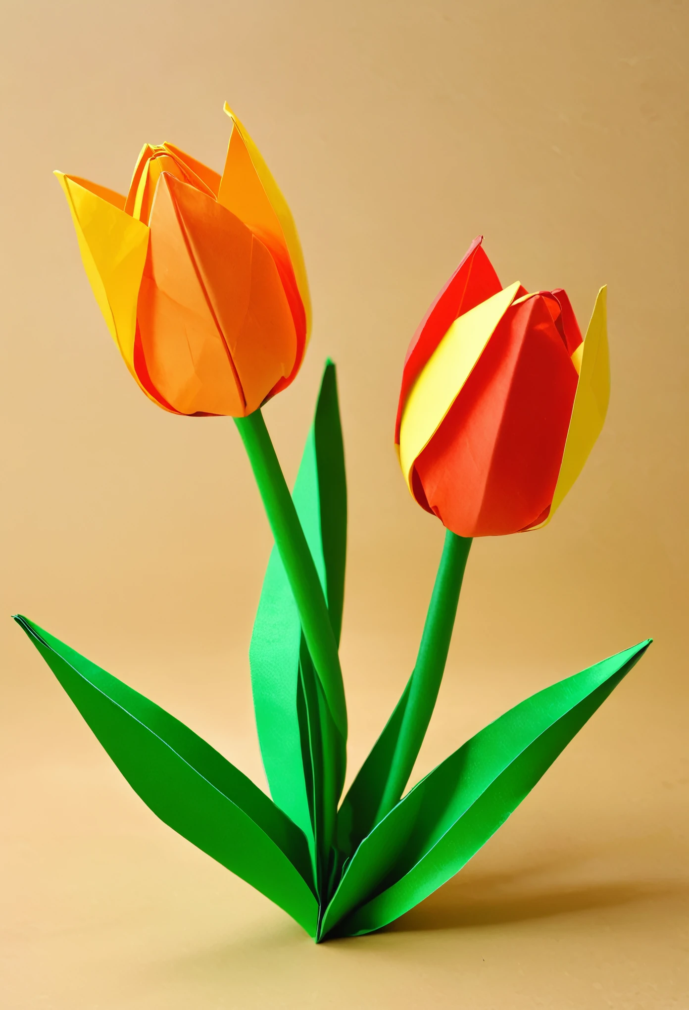 Tulip Origami Art, Delicate origami, Complex folds, coloured paper, フォトRealistic:1.2, Realistic, masterpiece:1.2.