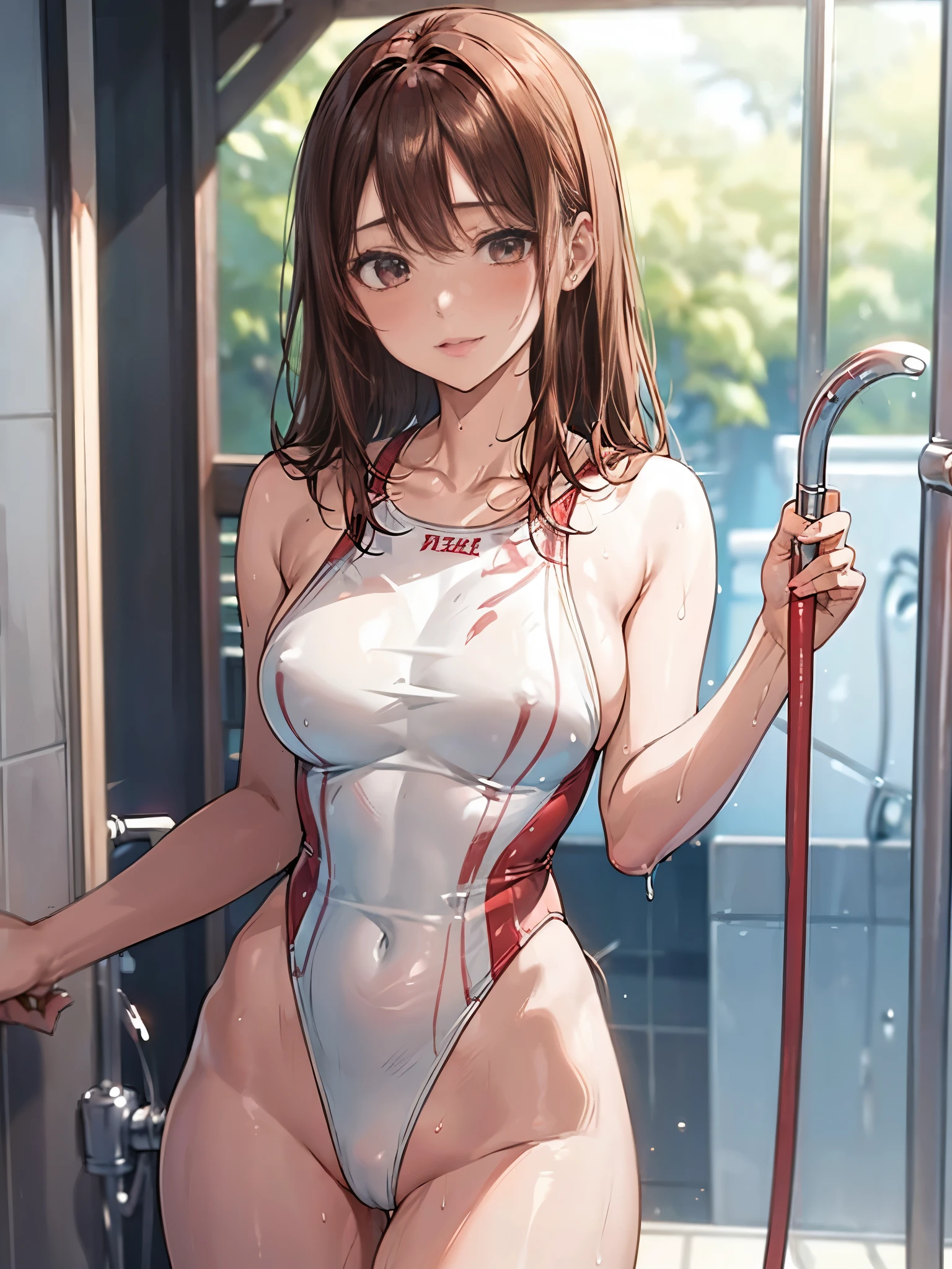 Red and white high cut swimsuit、Swimming School Coach、Wet swimsuit、detailed, Oily and shiny skin、Shiny thighs、One beautiful woman、Big Breasts、25-year-old gravure idol、Medium brown hair、Nogizaka Idol、Sensual look、Sexy pose、White skin、Taking a shower in a luxury resort hotel bathroom