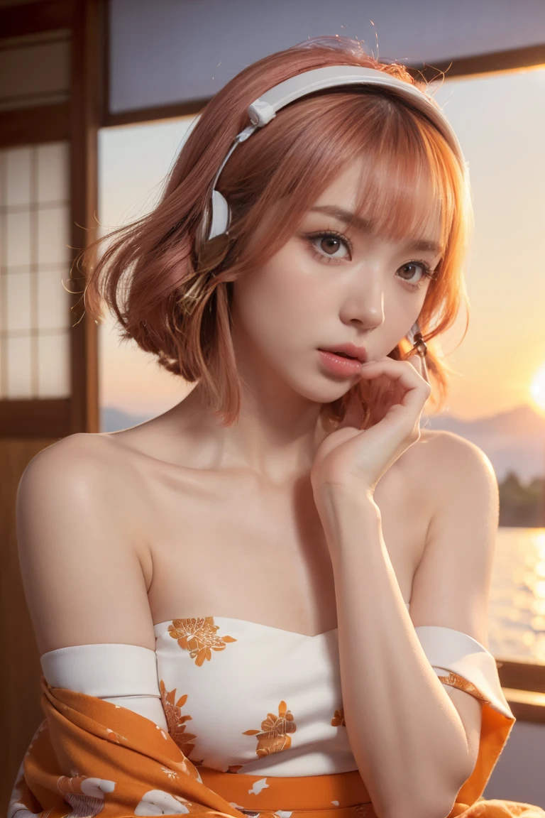 Top Quality, Masterpiece, Super High Resolution, (Actual:1.3), Original Photo, (Nature Photography), (Magnificent mountaintop, Sea of clouds), (Very wide mountain top), (Sunrise), (Girl), (Upper body), (Natural Light: 1.0), (Side View: 0.0), (Cowboy Shot: 0.0), (upper body: 1.8), (Close-up: 0.8), Portrait, Cinematic Lighting, Glow, Ray tracing, reflected light, f135mm, UHD, accurate, skin texture, super detail, great detail, high quality, highest quality, 8k, (surrealism: 1.2), BREAK, (Japanese: 1.3), (25 years old: 1.0), (Small breasts: 1.6), (Long, large, slit eyes: 1.8), (Realistic eyes: 1.8), (Height at 160cm: 1.2) , (Transparent white skin: 1.2), (Short curly bright pink hair with bangs: 1.3), (Deep eyeshadow makeup: 1.4), BREAK, (Correct hand: 1.6), (Correct fingertips: 1.6), Sexy pose, (Place hand near cheek: 1.8), BREAK, (Big white headphones: 1.4), (Wearing an orange and white printed strapless dress: 1.4), BREAK, Japanese patterns of kimono, ((kimono)), ((Mixed race with Spanish:1.5))