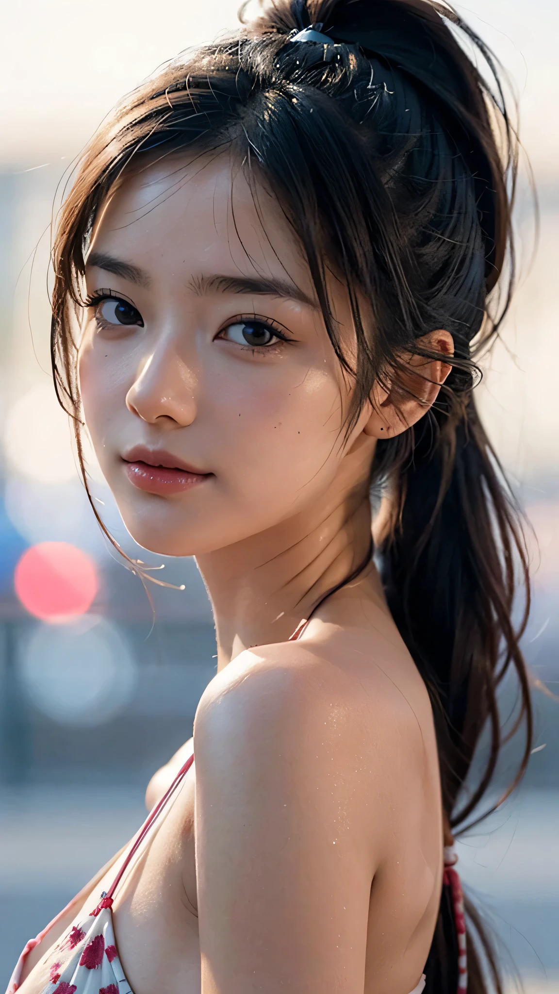 Pink bikini,Bust Shot,Body in front,masutepiece, The highest image quality, High quality, the background is clear,Beautiful woman, Japanese, Detailed, Ultra-detailed, finely detail, hight resolution, 8K Wallpaper, Perfect dynamic composition, Beautiful detailed eyes ,Detailed eyes, Detailed skin, Beautiful skin, 超hight resolution, (reality: 1.4),Very beautiful woman, Slightly younger face, Beautiful skin, slender, (Ultra photo realsisim), (hight resolution), (8K), (Very detailed) (beautifully detailed eyes), (super detailed), (Detailed face), view the viewer, Fine details, Detailed face, Staring straight ahead, Staring straight ahead, photos realistic, Bright lighting, Professional Lighting, Black hair,poneyTail,a baby face,sixteen years old,Hairstyle: ponytail,Long ponytail hairstyle,slight smile,