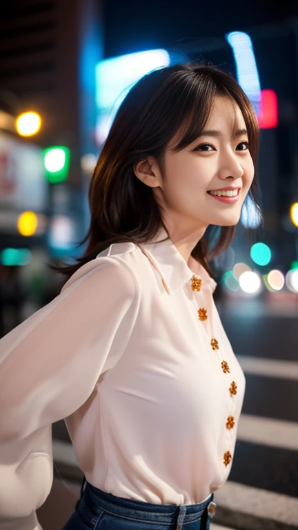 (1 girl, (The buttons on the front of her blouse are undone.:1.2), Beautiful Japanese actresses,
(RAW Photos, highest quality), (Realistic, Photorealistic:1.4), masterpiece,
Very delicate and beautiful, Very detailed, 2k wallpaper, wonderful,
finely, Very detailed CG Unity 8k 壁紙, Very detailed, High resolution,
Soft Light, Beautiful detailed girl, Very detailed目と顔, Beautiful and detailed nose, Beautiful and detailed, Cinema Lighting,
BREAK
(Snowy night Tokyo 1.4), City lights,
Perfect Anatomy, Slender body, Medium breasts, kind smile, backside focus, medium shot or cowboy shot, bokeh, SFW)