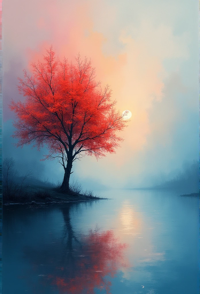 Create a Monet-style abstract color，Express emotions，confusing，helplessness，relax，There is loneliness in the opening，The space, a single tree, sad wind, reflection, no people.