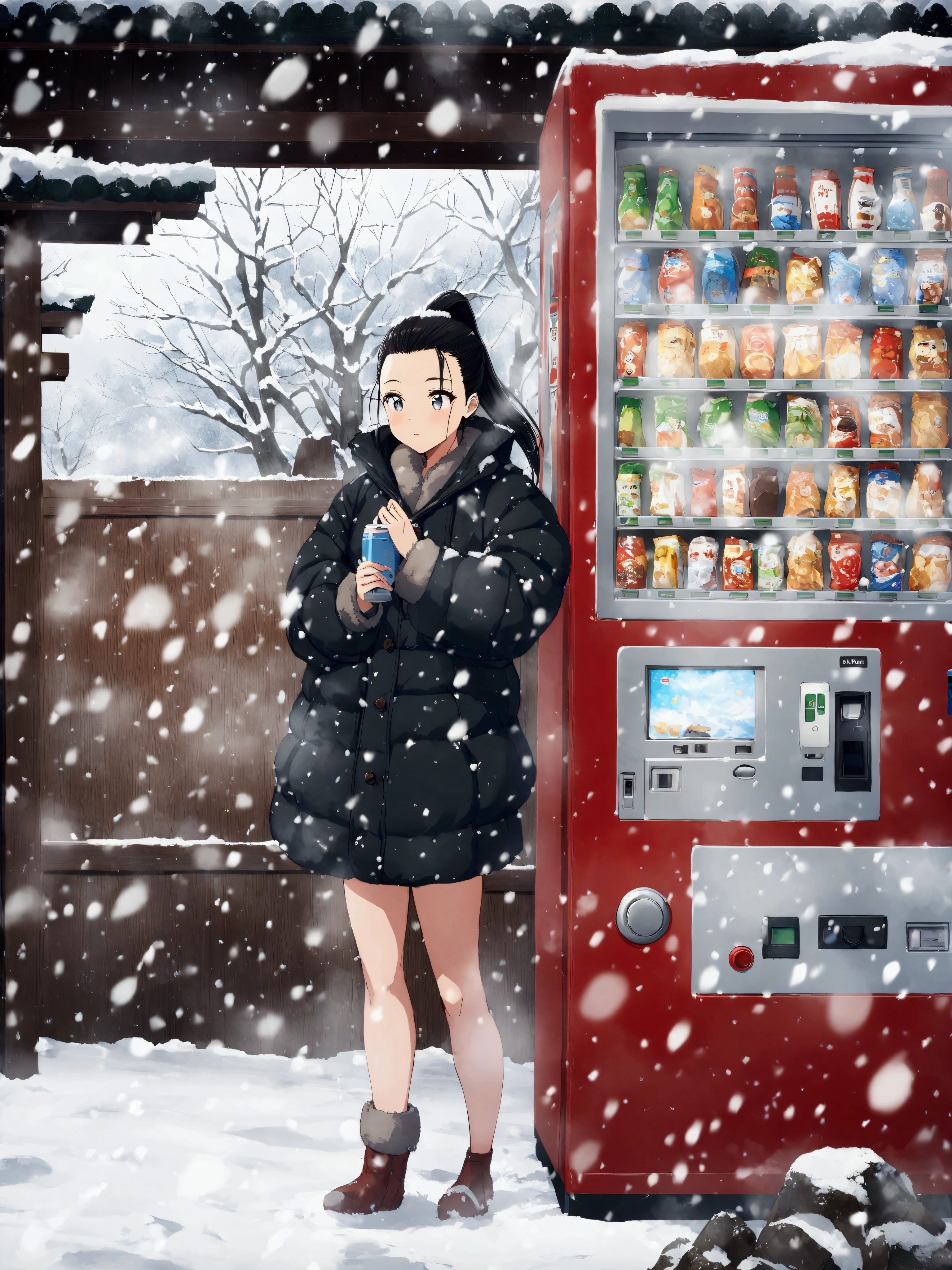 araffe woman standing in front of a vending machine in the snow, (ponytail forehead hair pulled back:1.3), (black hair:1.3), anime style mixed with fujifilm, snowing, in the snow, heavy winter aesthetics, snowy day, snowing outside, ❤🔥🍄🌪, by Torii Kiyomoto, snow fall, in snow, weather photography, during snowfall, snowfall, 