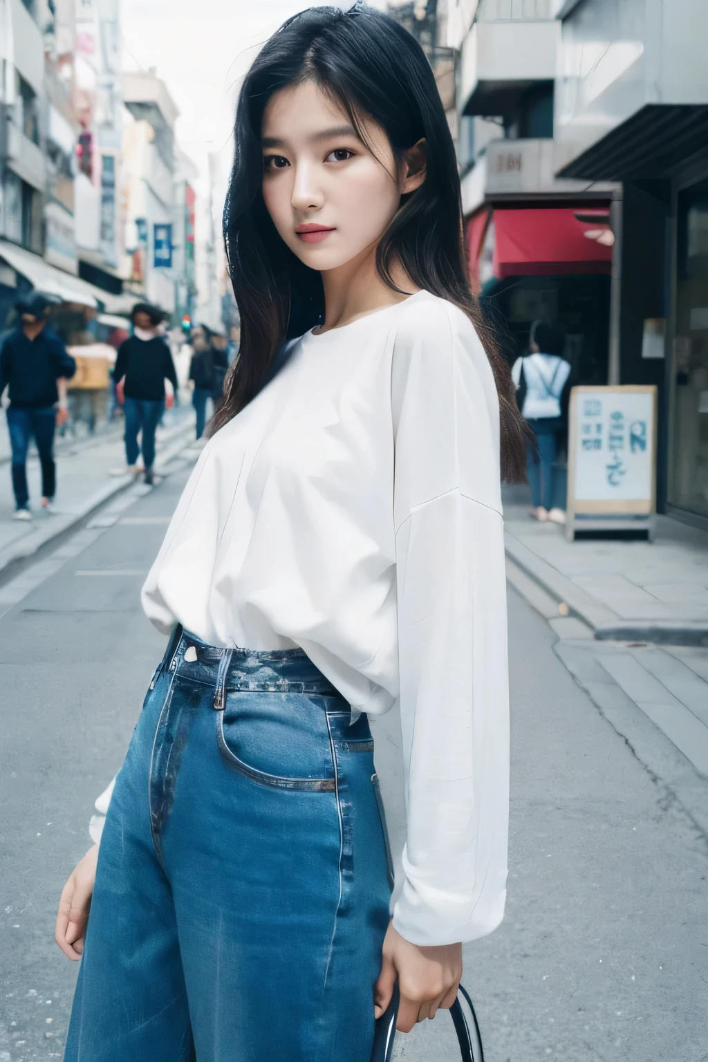 girl, baggy jeans, white shirt,korean, korean street, morning,blue tint, Portrait