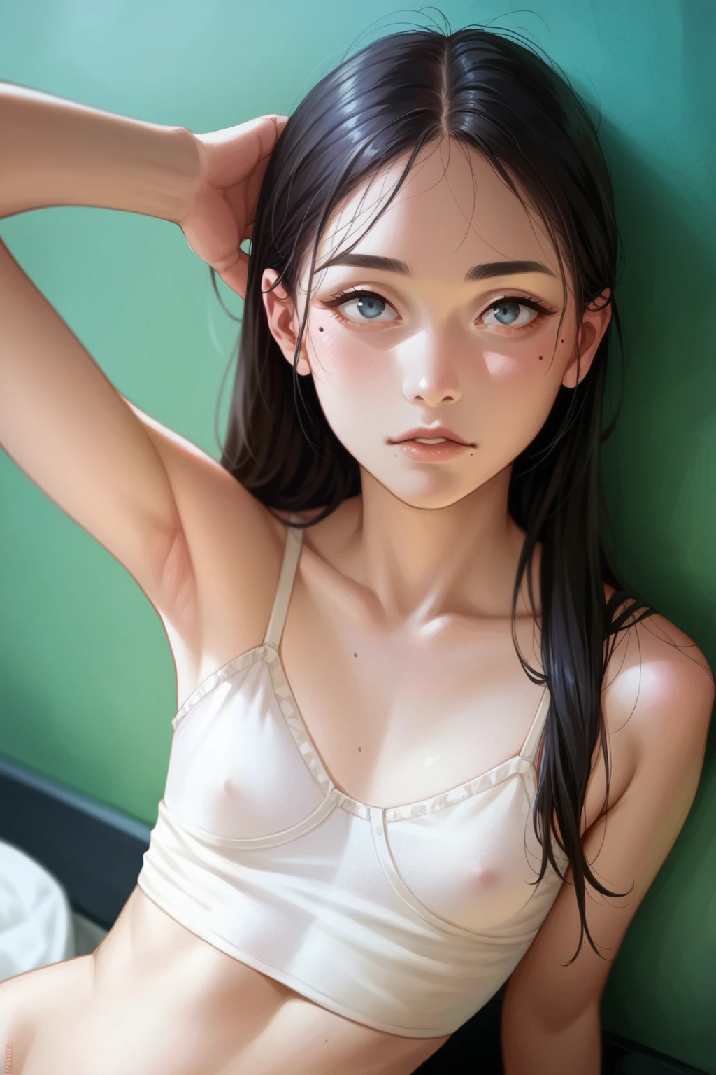 One Girl、mole、((Very thin))、((Flat Chest))、Sitting sideways、nude、