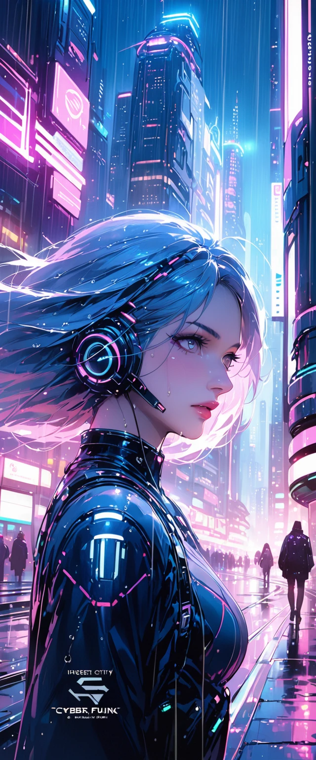 ((masterpiece)),((Highest quality)),((Attention to detail)),((Realistic,)) Future City, Architecture Street, Futuristic railway line, cyber punk, building, night, European cities, Rainy, neon