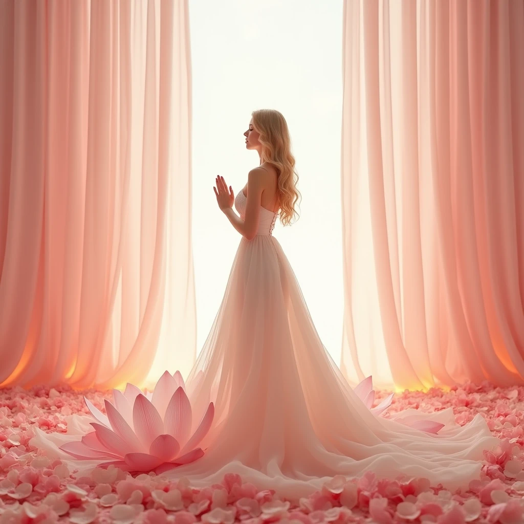 against the background of pink voile curtains with folds, full length, blonde, Beautiful face, dress made of yellow rose petals, Light pink and light white tones, боди Esbian full length, White background, daylight, Efeito de Luz, Minimalistic, Solar , pure tenderness, soft lighting, Realism. beautiful woman, which (collarbone, shoulders) posing with his back to us (prays and stands) on a super-giant lotus with double and long petals (thin petals, soft transparent, flowing fabrics, full background of flowing petals, floating flower, super flying petals, Smoke effect, fog, mixed with petals), dress made of yellow rose petals, ((ss-through)) full length. ReV Animated here is a woman in a white dress, Standing in a field of flowers, Beautiful digital artwork, exquisite digital illustration, beautiful digital illustration, beautiful artwork illustration, digital art elegant, awesome digital illustration, inspired by Vadim Kashin, Very beautiful digital illustration Art, elegant digital painting, inspired by Igor Kerylyuk, beautiful digital art, lady in a dress with glowing flowers