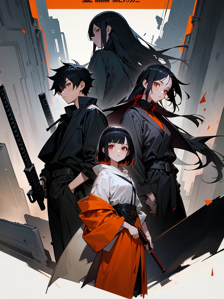 Girl and boy with red orange eye and black hair. They standing side by side on a destroyed city with only have black and grey colour. They holding there own weapons and stare at their own weapons. The girl is holding vanta black katana and only she has long hair and using outfit like gojo satoru season 1. The boy holding a black gun, his short hair. this is a poster. The girl have a mature face. The boy holding a black gun