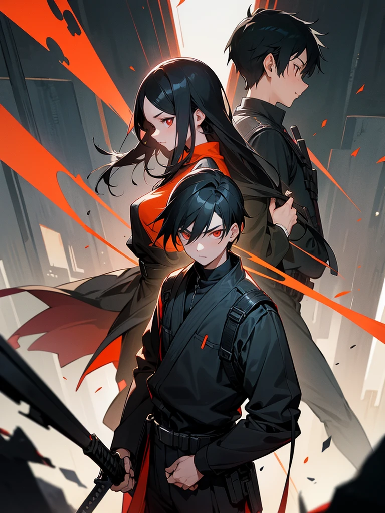 Girl and boy with red orange eye and black hair. They standing side by side on a destroyed city with only have black and grey colour. They holding there own weapons and stare at their own weapons. The girl is holding vanta black katana and only she has long hair and using outfit like gojo satoru season 1. The boy holding a black gun, his short hair. this is a poster. The girl have a mature face. The boy holding a black gun