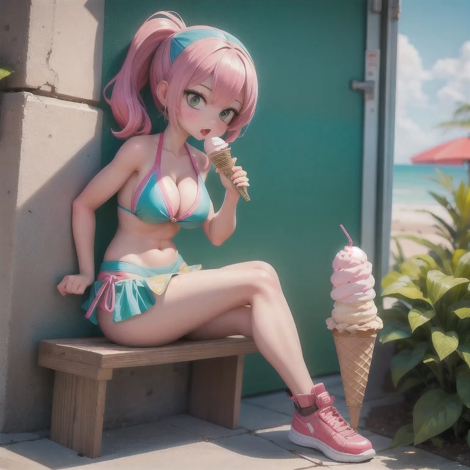 girl in a bikini eating an ice cream cone, eating ice cream, in a bikini, angela white, giorgia meloni, katy perry, in bikini, eating ice - cream, wearing spandex bikini, ice cream on the side, bikini, ice cream, wearing a bikini, candid photo of dirty, shiny plastic bikini, candid shot, cone, 1 girl, solo，in a green dress standing by a wall,portrait of female idol