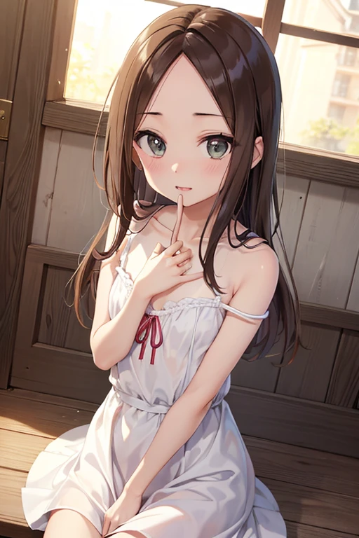 Takagi-san、光沢のある茶色のhair, Straight Long Hair,((Moderateのchest、おinこ、Center part))、 美しい茶色のeye、smile、キラキラしたeye, (fine grain)、非常To精細なeye、非常To詳細な顔, 非常To詳細なeye, Cowboy Shot、
(masterpiece, Highest quality, Super detailed:1.4), One girl, Areola_slip, green_eye, blush, chest, brOwn_hair, dress, hand_To_Own_mouth, hand_superior, Looking_in_Audience, Moderate_chest, no_good, Open_Clothes, Open_dress, Broke up_lips, 一人in, strap_slip, unbutToned, superiorper_body, white_dress