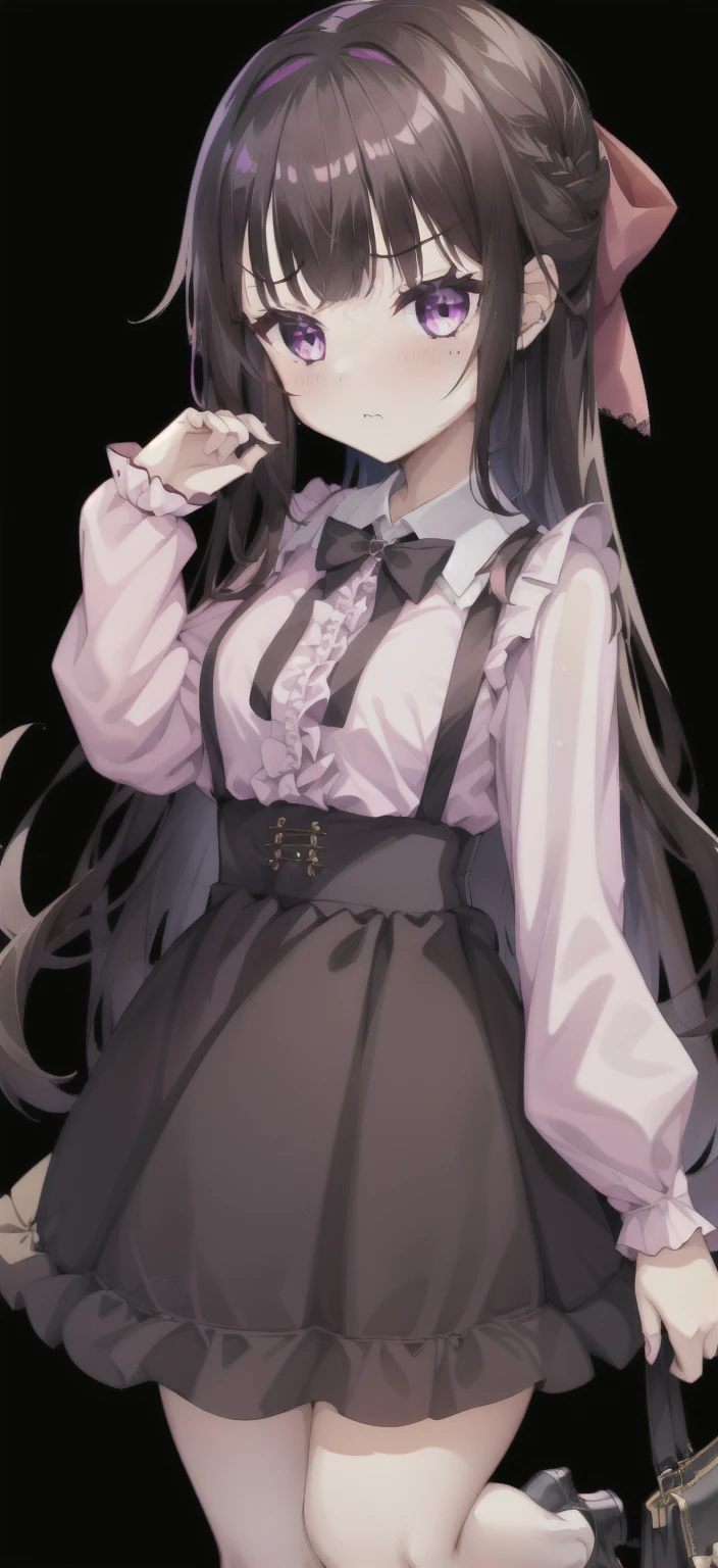 1girl,独奏,long_hair,blush,bangs,skirt,shirt,black_hair,long_sleeves,bow,very_long_hair,purple_eyes,hair_bow,frills,puffy_sleeves,collared_shirt,black_skirt,bag,two_Side_up,v-shaped_eyebrows,dress_shirt,black_bow,depth_of_field,lace_trim,puffy_long_sleeves,pink_shirt,emphasis_lines,jiraikei_fashion,Character portrait, whole body, expensive_solve, clear_image, expensive_Contrast, 8k, Sparkling, beautiful_detailed_face_and_eye, (Brown Hair:1.25), 白 eye,Black background,full body, Character portrait, whole body, expensive_solve, clear_image, expensive_Contrast, 8k, Sparkling, beautiful_detailed_face_and_eye, (Black Hair:1.25), 白 eye