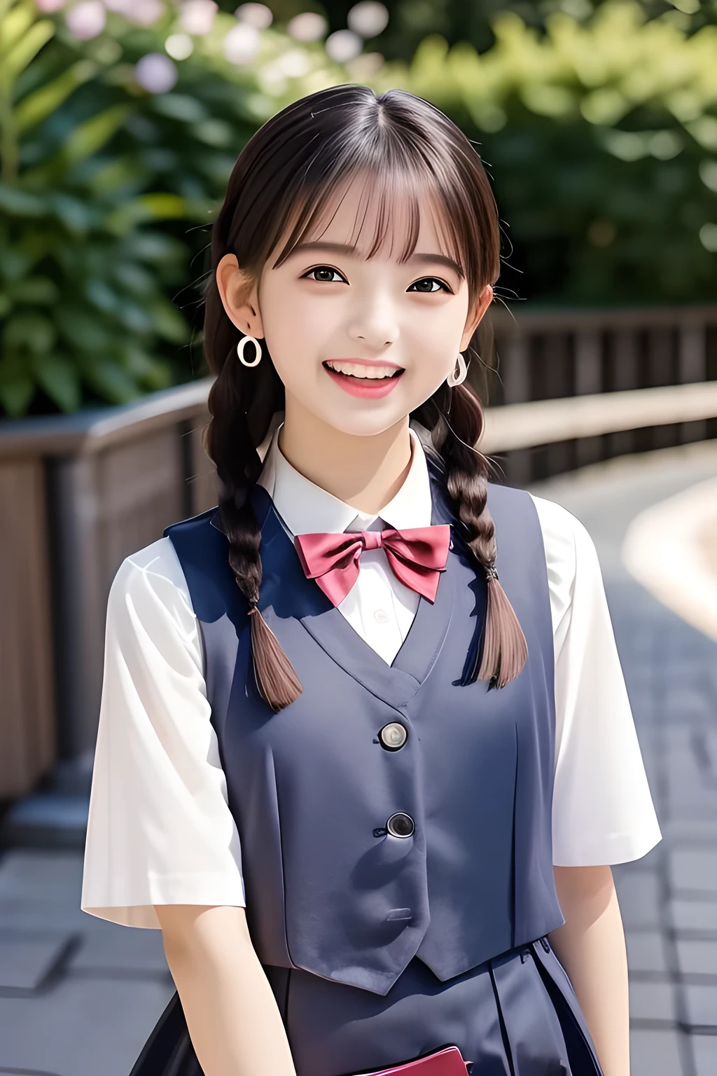 (highest quality, masterpiece, high resolution:1.2), 4K, (Photo quality detailed face: 1.2), (Giorgione painting style: 0.8), geometry, ( yo cute girly Japanese girl: 1.0), Laughing cutely, (neat girly white short-sleeves school blouse: 1.0), (puffed short sleeves: 1.0), (Dark red glossy school ribbon on the breast: 1.0), (Gray Japanese school girly vest Uniform: 1.2), (Can't stop laughing, Extremely laughing cheeks: 1.4), (Beautiful light-amber cute-dolly large clear eyes with detailed cutely: 1.2), (Long bottom eyelashes: 1.0), (Expressing the greatest joy with her whole body: 1.5), (Glossy lips: 1.0), (braids under her ears: 1.0), (cute earrings), (Inviting me into the heaven: 1.0), (white and clear skin: 1.0), (Laughing cute noble dolly beautiful French 8yo fashion model girl's eyes: 0.5), (Placing her beautiful white hands together: 0.9), (Full-body shot on station platform)