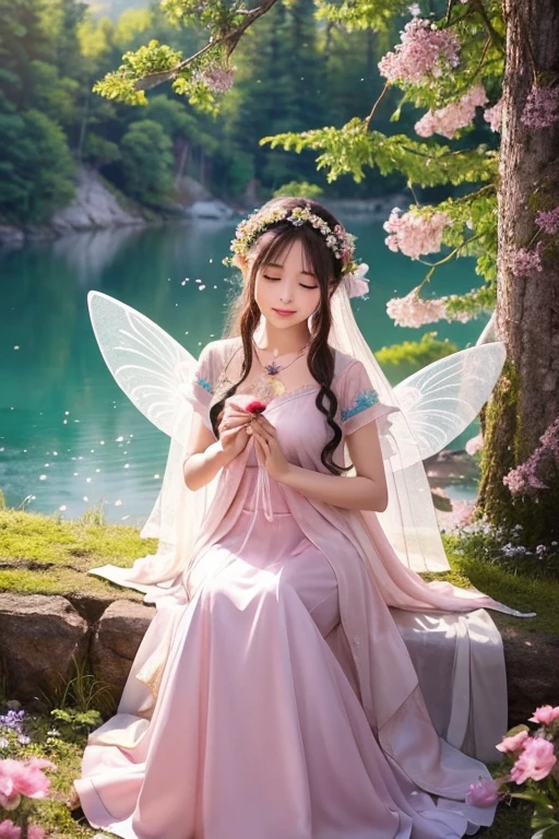 Deep in the forest overlooking a beautiful lake, fairies live and fly around happily.。There are pink and colorful flowers blooming everywhere.、There is a beautiful angelic goddess of love、It will grant you love from everyone.。It is said that if you set this as your smartphone wallpaper, your wishes will come true.、Please draw a picture with spiritual power.。This painting attracts the hearts of many women.。Just looking at it makes me feel calm、It is a sacred and happy scene.。Size 9:I'd like it to be 16cm tall, please.。