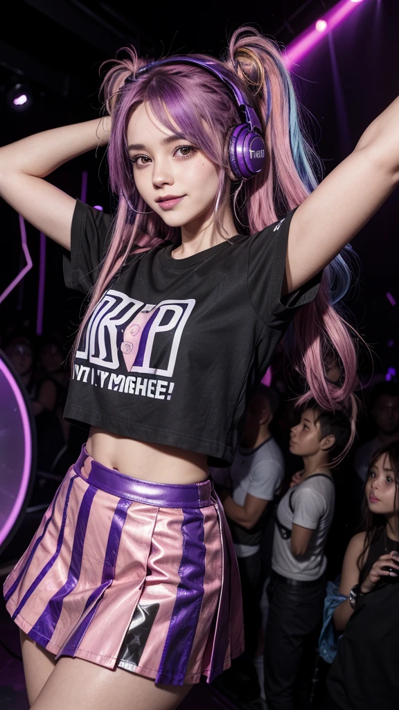 A DJ with spiral hair colored purple and pink, wearing a dark blue graphic tee and a purple leather skirt, dancing in a club with blue and purple neon lights. She has gold headphones in her ears and looks straight into the camera with a mischievous smile., As the crowd dances around you.