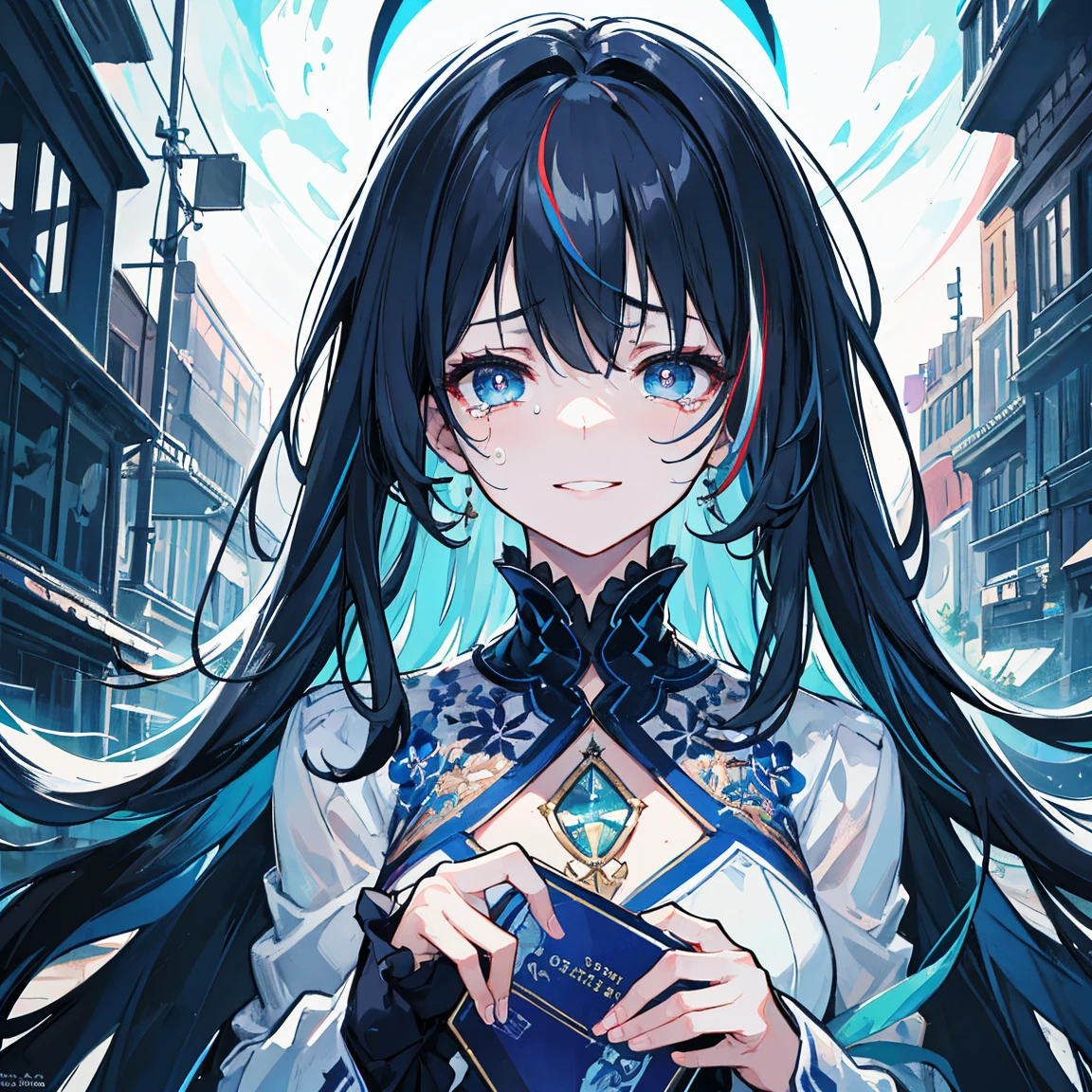 The starting point of a universal miracle,barrenwort,A beautiful girl crying at the bottom of the night, streaked hair, messy hair, long hair, expressive hair, evil smile, Surrealism, cinematic lighting, overexposure, uhd, uhd, masterpiece, textured skin, high details, best quality, highres, award winning