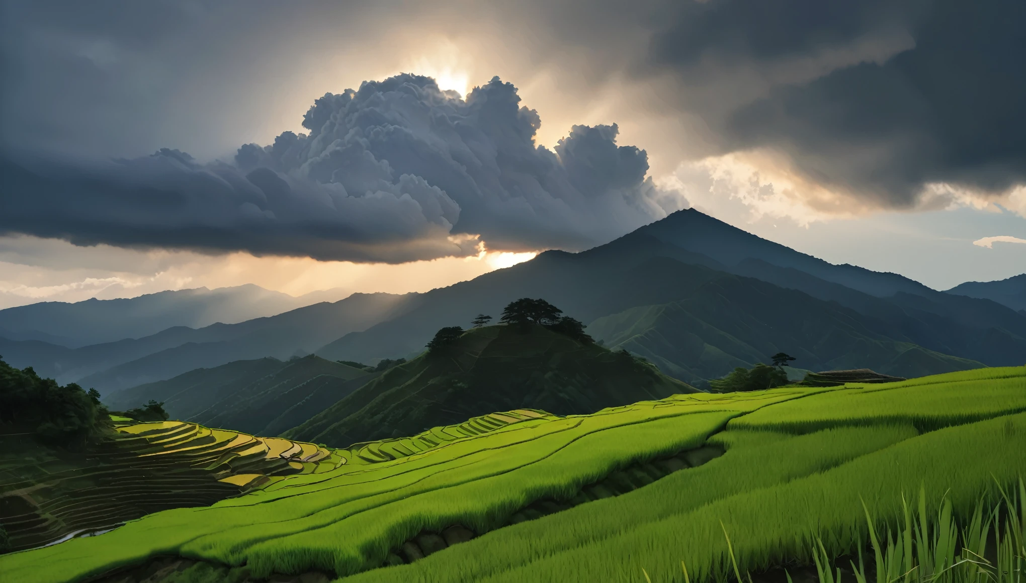 Japanese countryside scenery, Rice terraces, Azemichi, Midsummer, sunny, cumulonimbus, Daytime, (Highest quality,4K,8k,High resolution,masterpiece:1.2),Very detailed,(Realistic,photoRealistic,photo-Realistic:1.37),High resolution,超High resolution,Studio Lighting,Vibrant colors,Professional