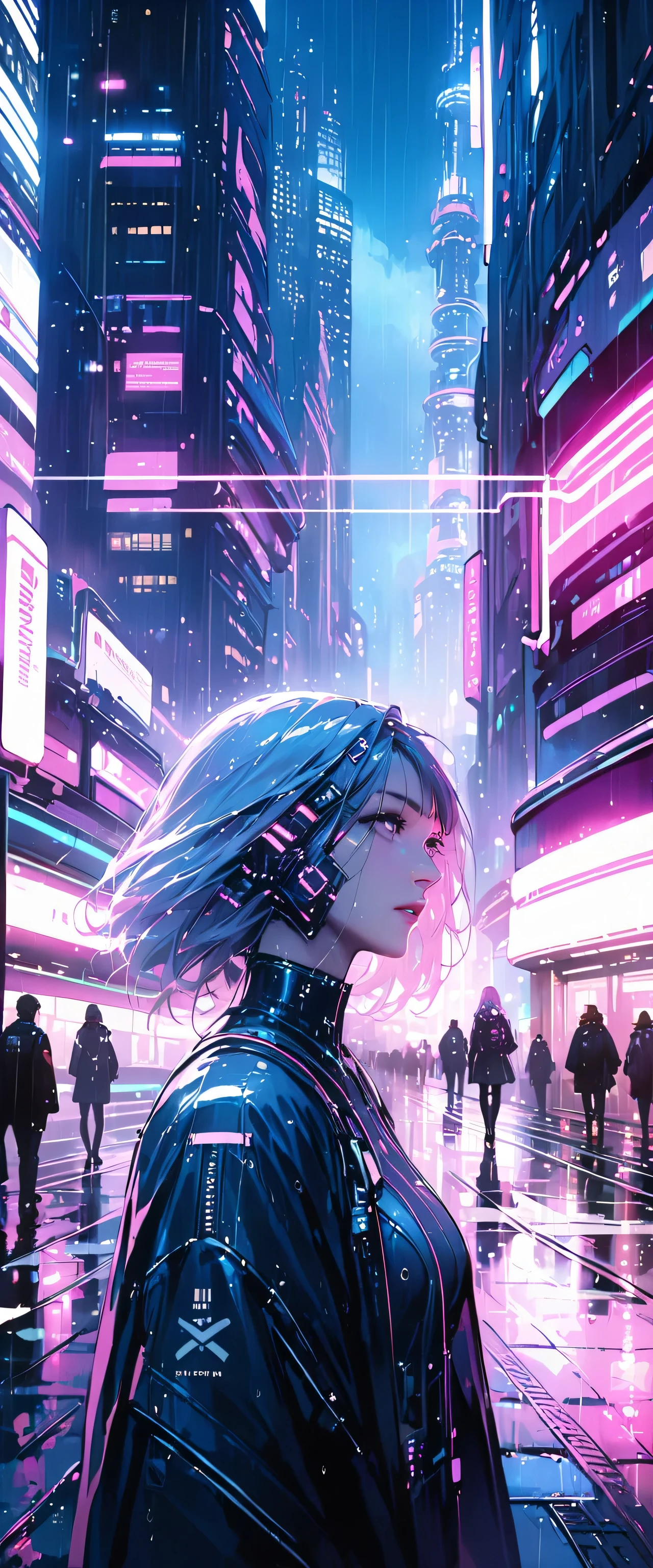 ((masterpiece)),((Highest quality)),((Attention to detail)),((Realistic,)) Future City, Architecture Street, Futuristic railway line, cyber punk, building, night, European cities, Rainy, neon