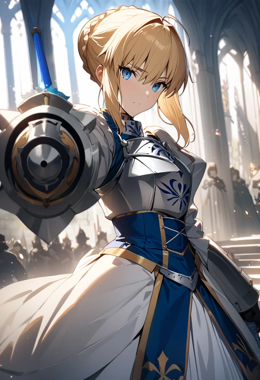 (masterpiece:1.2), (highest quality:1.2), Perfect Eyes, Perfect Face, Perfect lighting,1girl，Saber, holding sword artoria pendragon \(fate\), fate \(series\) perspective medieval beautiful, aesthetic, detailed, beautiful color amazing quality, best quality, high quality