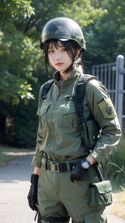 Female special forces soldier Alice wearing M-51 military uniform，Wearing a helmet，Sitting in the cab of Luther&#39;s jeep。Hands on the steering wheel，Her belt magazine pouch is full，The Chinese armband and eagle armband on her arm seem to tell of her perseverance and courage.。
