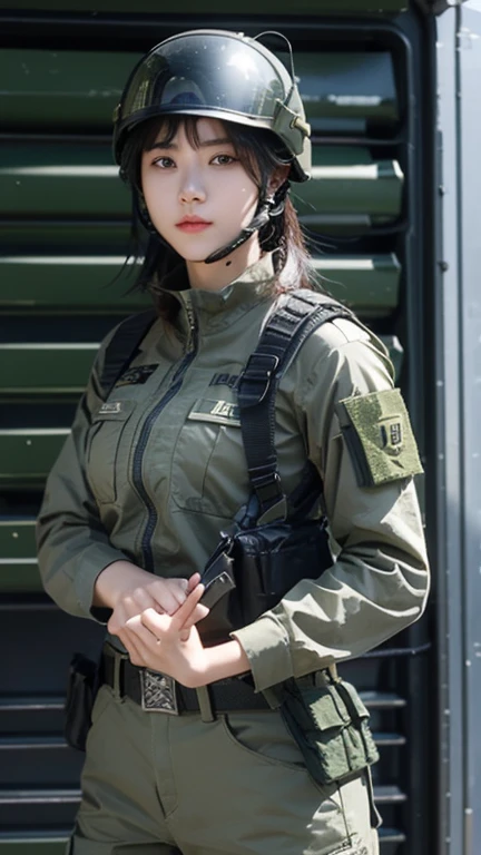 Female special forces soldier Alice wearing M-51 military uniform，Wearing a helmet，Sitting in the cab of Luther&#39;s jeep。Hands on the steering wheel，Her belt magazine pouch is full，The Chinese armband and eagle armband on her arm seem to tell of her perseverance and courage.。
