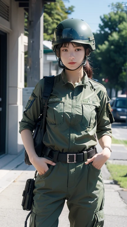 Female special forces soldier Alice wearing M-51 military uniform，Wearing a helmet，Sitting in the cab of Luther&#39;s jeep。Hands on the steering wheel，Her belt magazine pouch is full，The Chinese armband and eagle armband on her arm seem to tell of her perseverance and courage.。
