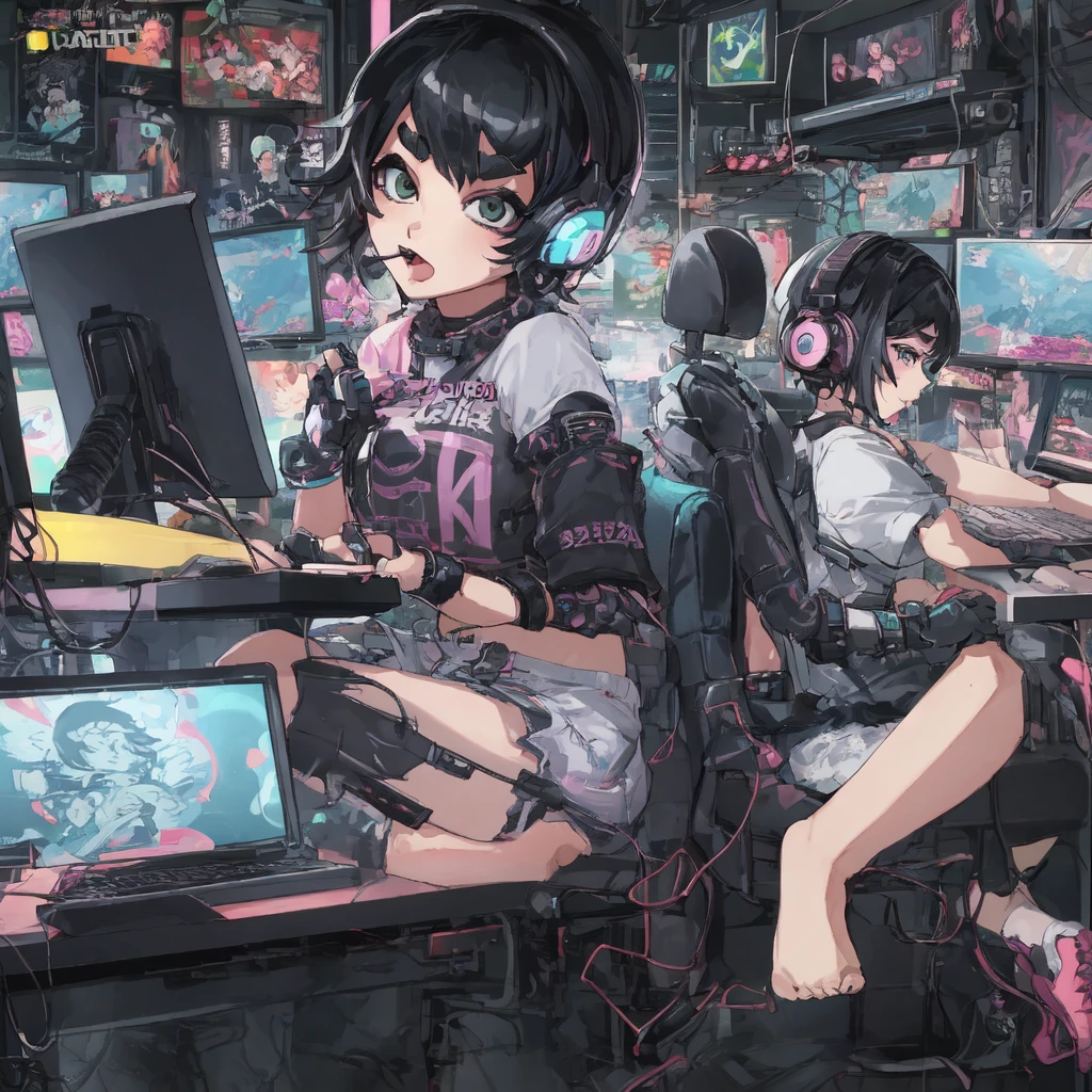 4 cards cartoon style, cyber punk, short hair, Thick eyebrows, Digital Punk, Anime Style 4k, Short sleeve gaming wear, Black Hair, Computer Lab, Over-the-head gaming headset、One Girl、Sugar rush