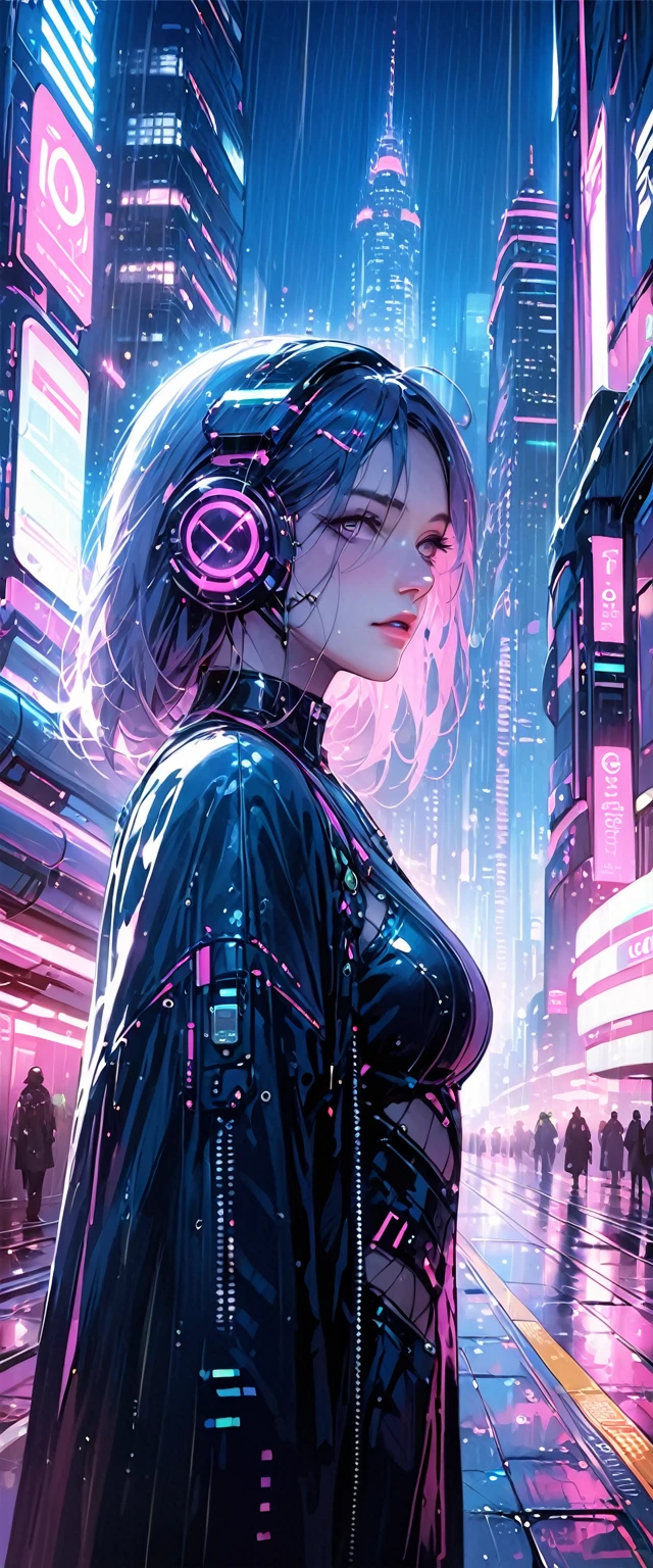 ((masterpiece)),((Highest quality)),((Attention to detail)),((Realistic,)) Future City, Architecture Street, Futuristic railway line, cyber punk, building, night, European cities, Rainy, neon