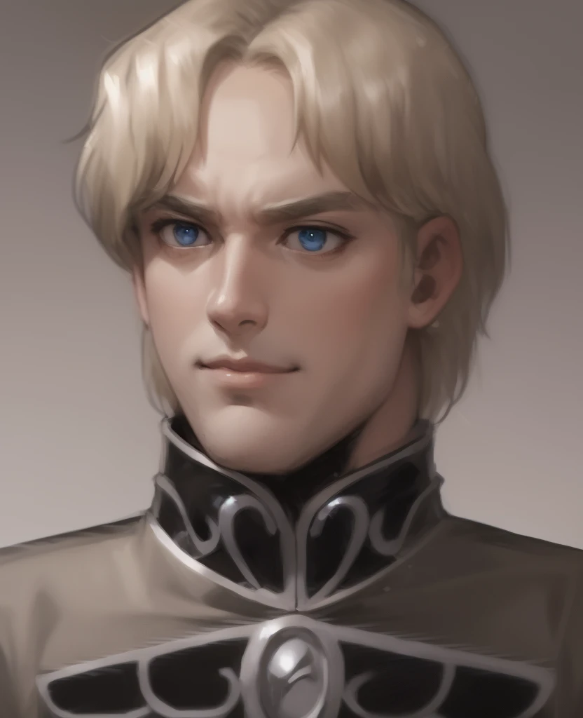 Illustration of a man, military uniform, an illustration inspired by Kanō Hōgai, Tumblr, romanticism, Wolfgang Mittermeyer, portrait, blonde hair, the sandman from graphic novel, deep focus, wearing a high-collared uniform, a silver breastplate over a black tunic with intricate designs. The tunic is adorned with silver accents. The uniform features a structured fit, emphasizing his commanding presence. Has blue eyes, and his expression exudes confidence and authority. manly features, man, manly, strong gaze, mouth closed, mouth shut