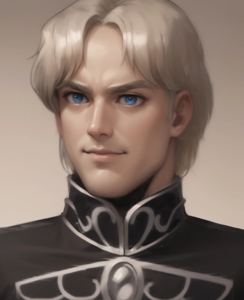 Illustration of a man, military uniform, an illustration inspired by Kanō Hōgai, Tumblr, romanticism, Wolfgang Mittermeyer, portrait, blonde hair, the sandman from graphic novel, deep focus, wearing a high-collared uniform, a silver breastplate over a black tunic with intricate designs. The tunic is adorned with silver accents. The uniform features a structured fit, emphasizing his commanding presence. Has blue eyes, and his expression exudes confidence and authority. manly features, man, manly, strong gaze, mouth closed, mouth shut