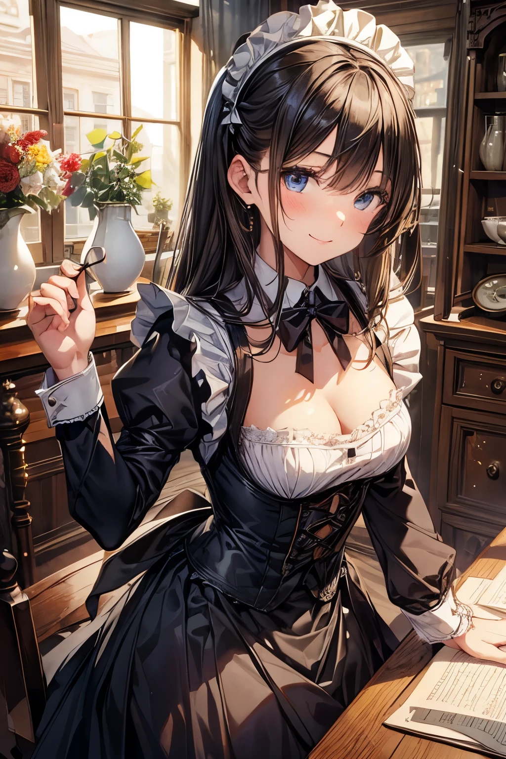 masterpiece,Highest quality,Very detailed,Maid Girl,Maid clothes,Long Skirt, teenager,Perfect Face,smile,Beautiful and detailed eyes,Beautiful Skin,skinny,Small breasts,Dynamic,Antique coffee shop,Dynamic Angles