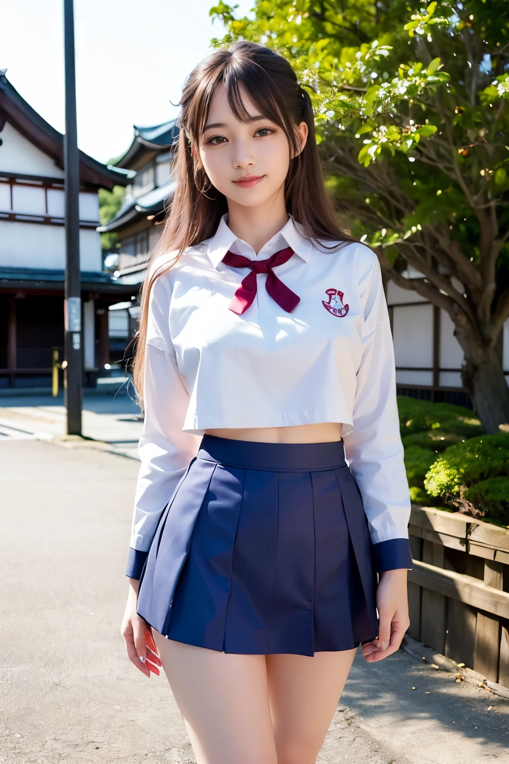(8k, Highest quality, masterpiece: 1.2), (Realistic, Realistic: 1.37), Very detailed, One girl, beauty, cute, smile, alone, (Nose redness), (smile: 1.15), Beautiful Eyes, (Long Hair: 1.2), Floating Hair NovaFrog Style, whole body, (Huge breasts:1.0), (((cute Japan Beautiful Girl))), (Beautiful attention to detail), (Highest quality), (Ultra-detailed), (masterpiece), (school uniform:1.4), (Very mini skirt:1.4), (Model-like body), (Long legs)