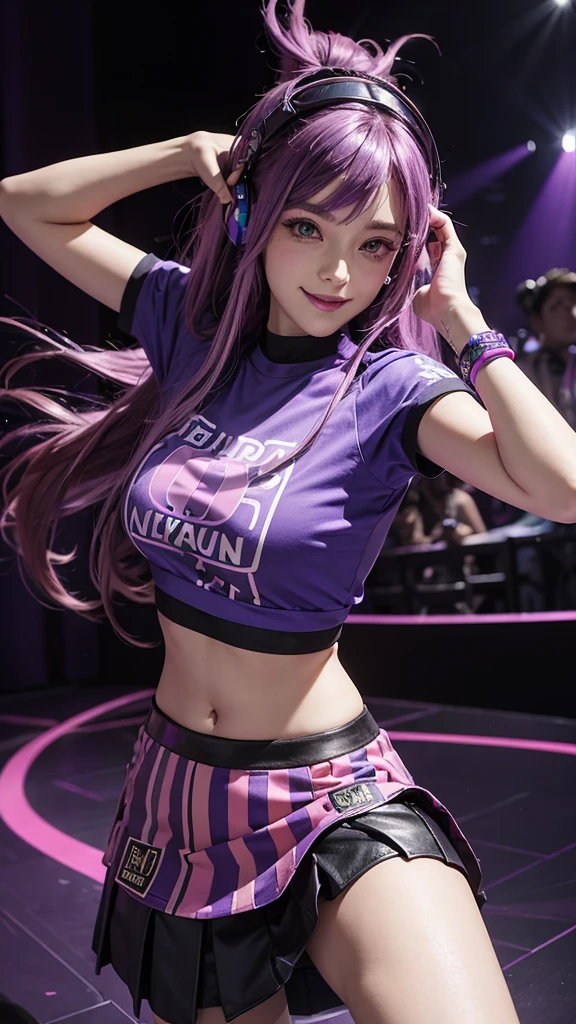 A DJ with spiral hair colored purple and pink, wearing a dark blue graphic tee and a purple leather skirt, dancing in a club with blue and purple neon lights. She has gold headphones in her ears and looks straight into the camera with a mischievous smile., As the crowd dances around you.