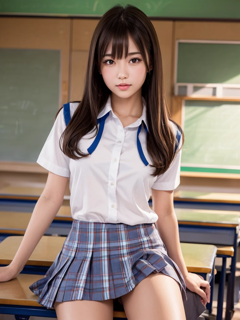 masterpiece,Highest quality,1 girl,Cowboy Shot,Front view,Young and pretty girl in Japan, A small smile,Daytime, ((High school classroom:1.5)),((locker room:1.2)),((Schoolyard:1.4)),Schoolgirl uniform,Summer clothes,blazer,wear,wear a super short blue plaid pleated micro mini skirt,No underwear,Very cute face,Glossy Lips,Double eyelids on both eyes,(Natural Makeup),shiny smooth light brown long hair,,,Asymmetrical bangs,Center image,8k resolution,Attention to detail,Detailed hairstyle,Detailed face,Cinema Lighting,Octane Rendering,Ultra-realistic,Perfect limbs,Beautiful legs,Voluptuous thighs,Huge breasts,(Glowing Skin,Sweaty:1.3)Perfect Anatomy,Spread your legs,((Provocative dynamic pose)),Skirt flip