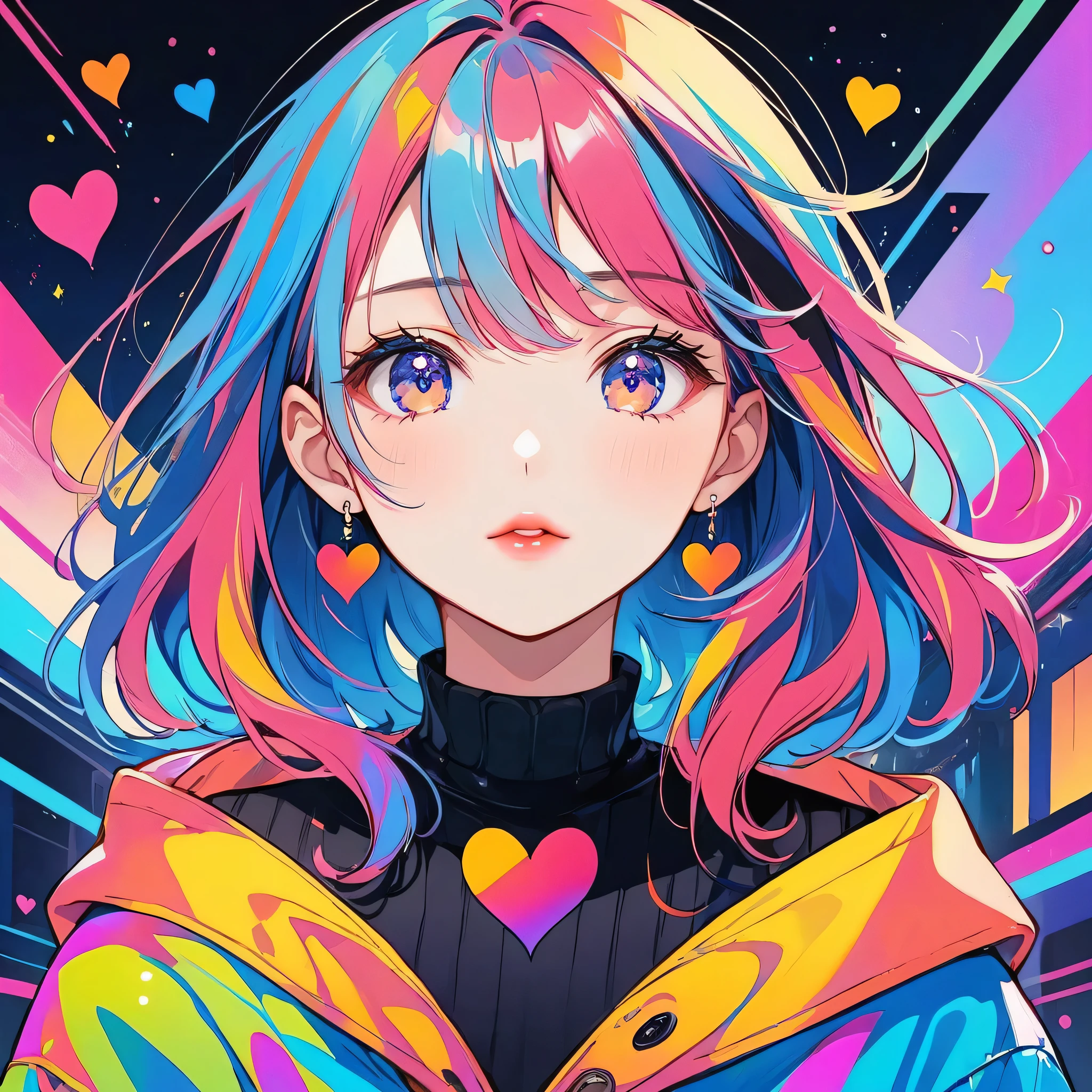 Black Star colorful style, Simple Line Initialism,Abstract art,Urban Background, (((The most beautiful girl of all time))), Sweet face. Lips in love, colorful hearts, stylish design