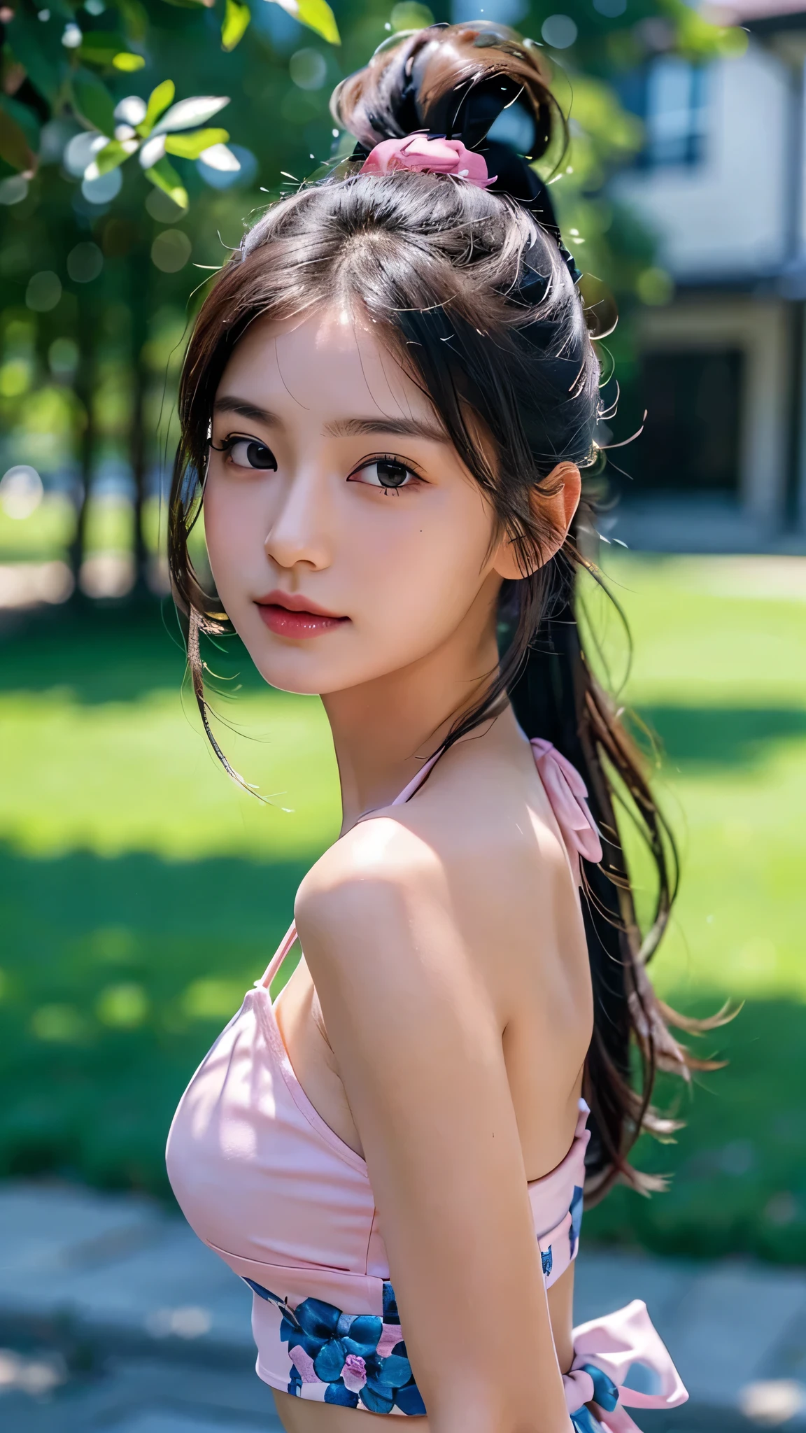 Pink bikini,Bust Shot,Lawn Park,Body in front,masutepiece, The highest image quality, High quality, the background is clear,Beautiful woman, Japanese, Detailed, Ultra-detailed, finely detail, hight resolution, 8K Wallpaper, Perfect dynamic composition, Beautiful detailed eyes ,Detailed eyes, Detailed skin, Beautiful skin, 超hight resolution, (reality: 1.4),Very beautiful woman, Slightly younger face, Beautiful skin, slender, (Ultra photo realsisim), (hight resolution), (8K), (Very detailed) (beautifully detailed eyes), (super detailed), (Detailed face), view the viewer, Fine details, Detailed face, Staring straight ahead, Staring straight ahead, photos realistic, Bright lighting, Professional Lighting, Black hair,poneyTail,a baby face,sixteen years old,Hairstyle: ponytail,Long ponytail hairstyle,slight smile,