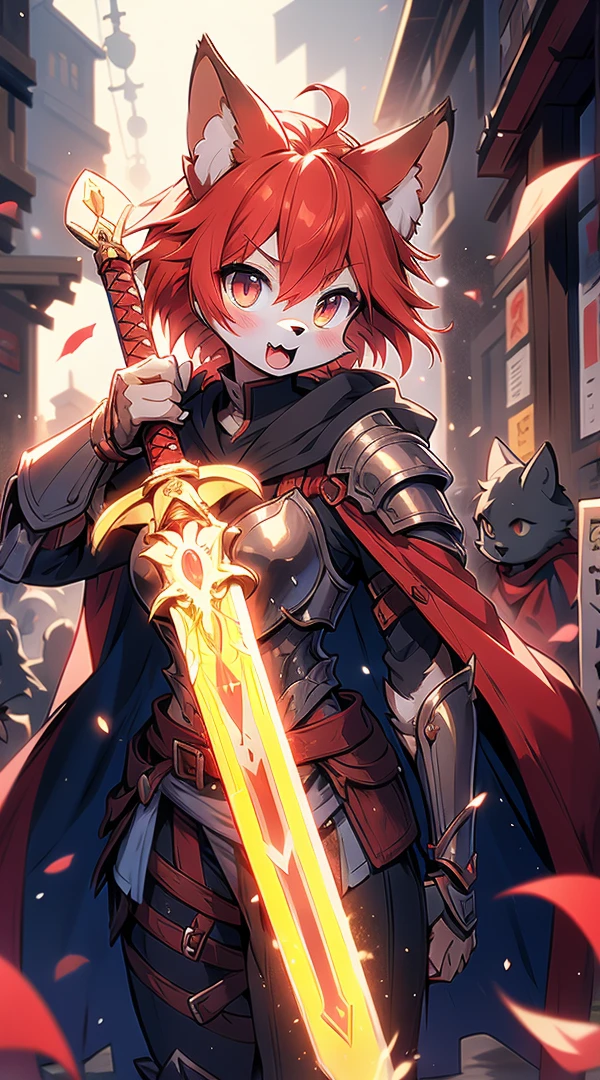 Cat Girl，short hair，braid，Tomboy，cute，Passion，Full of vitality，Energetic，Lively，shota，femboy，Red hair，Cat ears，Red Hair，Red Hair，Body hair，furry，furry，Red fur all over，hairy，sword，持sword，佩sword，拿着sword，cloak，cloak，Heroic Style，armor，奇幻armor