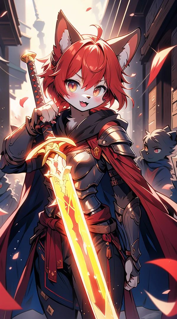 Cat Girl，short hair，braid，Tomboy，cute，Passion，Full of vitality，Energetic，Lively，shota，femboy，Red hair，Cat ears，Red Hair，Red Hair，Body hair，furry，furry，Red fur all over，hairy，sword，持sword，佩sword，拿着sword，cloak，cloak，Heroic Style，armor，奇幻armor