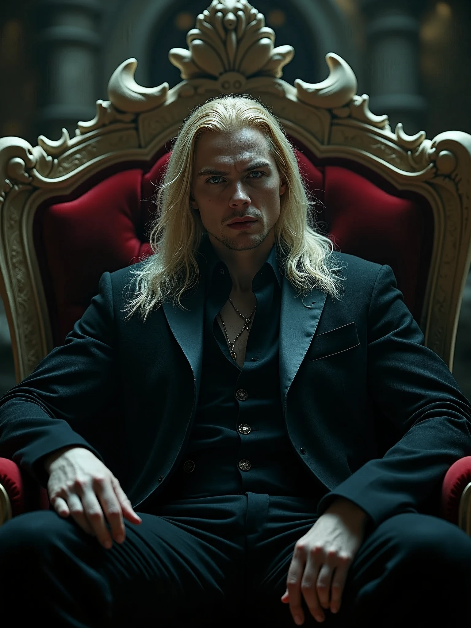 ((masterpiece, 8K, best quality, high resolution:1.3)), (a vampire sitting on his throne made of human bones in a dark castle:1.2), (close-up shot:1.2), (his eyes are red and his skin is very pale:1.2), (his hair is long and blonde:1.2), (he is very strong:1.2), (his clothes are in a gothic style, all black:1.2), (Canon EOS 5D Mark IV camera, perfect for capturing the intricate details of the scene:1.2), (paired with the Canon EF 85mm f/1.2L II USM lens:1.2), (the scene is illuminated with dramatic, moody lighting, casting shadows and highlights:1.2), (his powerful and menacing presence showcasing his dominance:1.2), (a moment frozen in time, capturing his dark allure and the eerie castle setting:1.3), (ultra photorealistic, highlighting his striking features and the macabre throne:1.3), (an image that transports viewers to a haunting and intense moment:1.2), (a scene that exemplifies the mystique and power of the vampire:1.2), Cinematic, Hyper-detailed, insane details, Beautifully color graded, Cinematic Lightning, Insanely detailed and intricate, Hyper maximalist, Volumetric, Full color, HDR, shallow depth of field, high budget Hollywood film, cinemascope, moody, epic, gorgeous