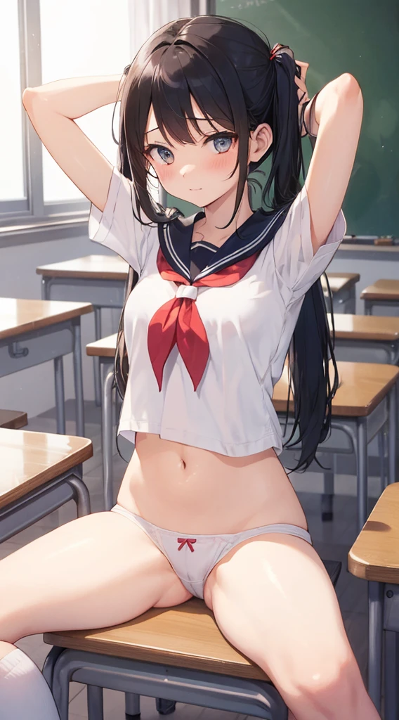 nsfw,alone, (One girl), Elementary school girl,single, , ((White panties)), (wearing only the top half of sailor school uniform), Sailor with un-folded hems, sexy, (Cowboy Shot), ((Put your arms behind your head)), classroom, With a girl:Her hair is long and black, Her face is round and cute, Black Hair, Low twin tails,,(Shy, Embarrassing),Sit on a chair、Spread your legs、