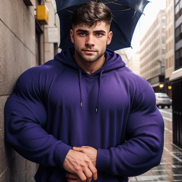 a very handsome young man, mid fade haircut, with massively large muscles, massively muscular, wearing a simple purple sweatshirt with long sleeves, crying in a rainy city