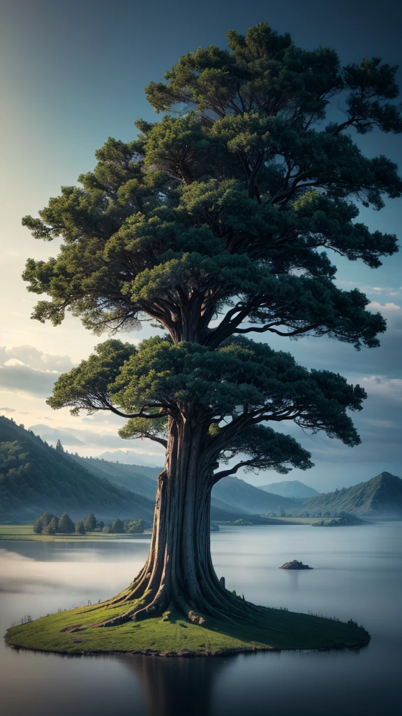A towering tree, There is a big tree on the island in the lake, Tree trunks and branches pierce the sky, world Tree, Mysterious space, FOG, Floating Light, Soft lighting effects, bright, ((Wide-angle lens, Low angle shot:1.4)), (best quality:1.2, Very detailed, Detailed illustration, Attention to detail, masterpiece:1.2, Best aesthetics),