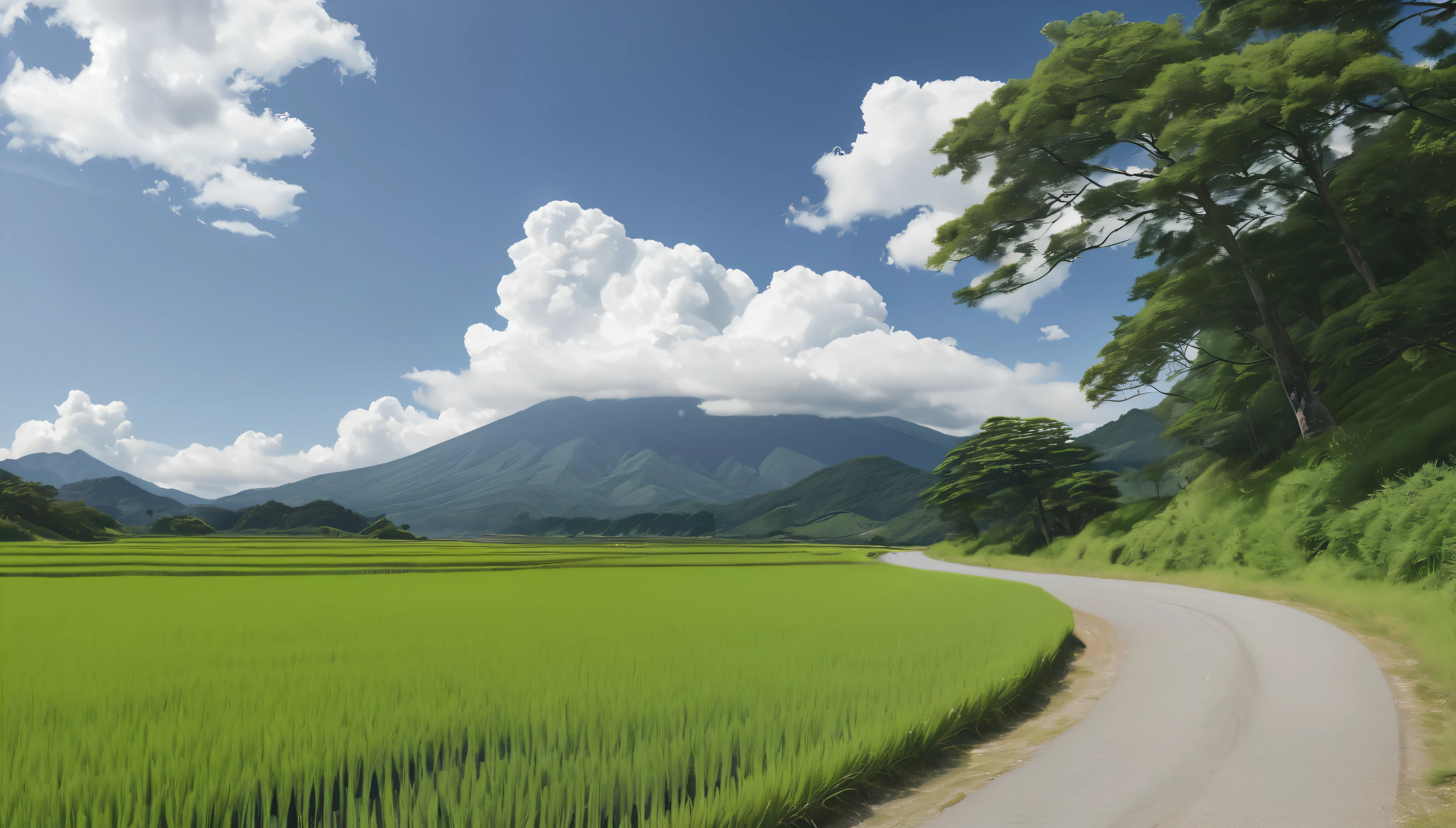 a peaceful rural japanese landscape, lush green rice fields, winding unpaved roads, summer day, clear sky, towering cumulus clouds, midday sunlight, (best quality,4k,8k,highres,masterpiece:1.2),ultra-detailed,(realistic,photorealistic,photo-realistic:1.37),high resolution,ultra high resolution,studio lighting,vivid colors,professional