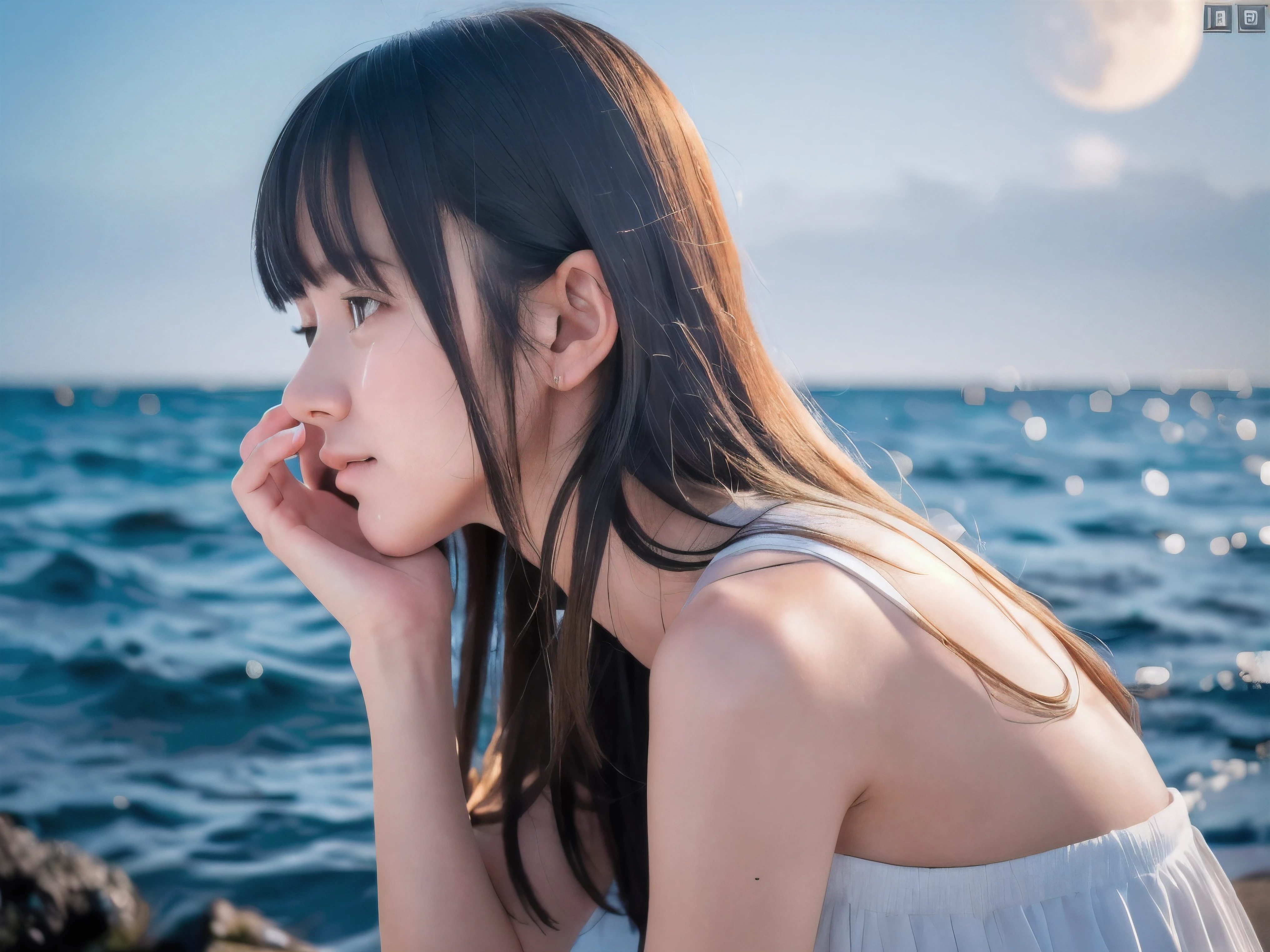 (Close up profile shot of slender small-breasted half up blonde long hair with bangs girl wearing a white summer dress:1.5)、(One blonde hair girl is crying with tears at the cape of the sea in Japan:1.5)、(Beautiful midnight with full moon on the sea:1.5)、(blurred background:1.5)、(Natural light:1.5)、(8k ultra detailed master piece:1.5)、(perfect anatomy:1.5)、(Photorealistic stick:1.5)、(Raw photo:1.3)、(highest quality:1.5)、(High resolution:1.3)、(Delicate and beautiful perfect face:1.3)、(Delicate and beautiful eye air skin:1.3)、(Real Human Skin:1.3)、((thin legs))